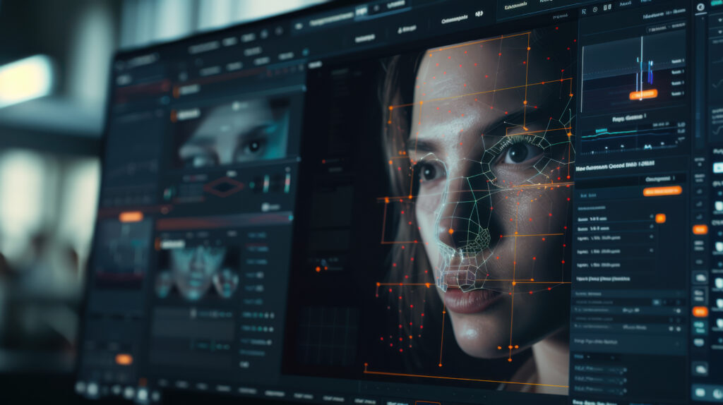 Advanced facial recognition technology on computer screen with interface and data analysis elements Antropologia